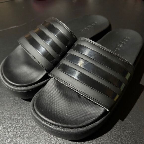 Adidas Adilette Platform Slides Black 3-Stripes Women’s 8 - Picture 2 of 7